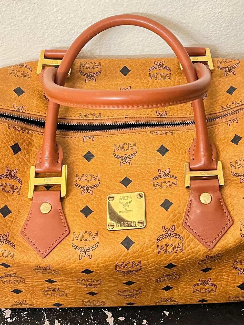 MCM Cognac Visetos Logo Satchel with Brown Trim and Gold Hardware